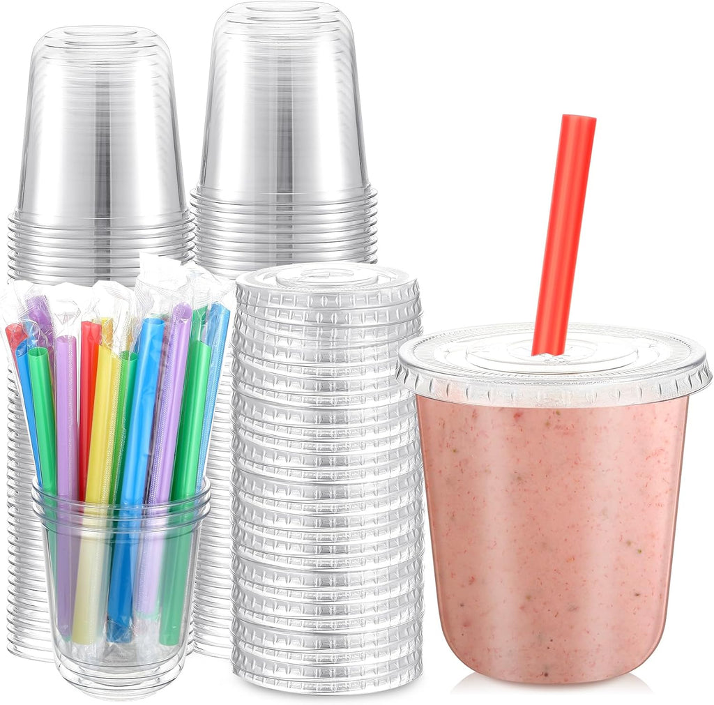 50 Sets 12 Oz Plastic Cups with Lids and Jumbo Straws, Multicolor