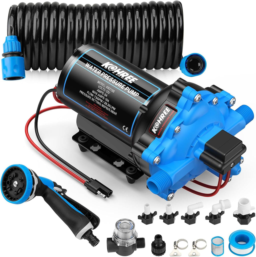 Kohree 12V DC Washdown Pump Kit - 7.5GPM 80PSI, Self-Priming, High Flow