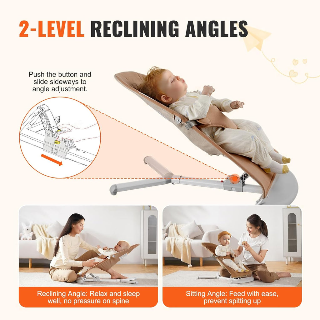 Baby Bouncer, Folding Bouncer Seat for Babies 0-9 Months, Newborn Bouncer Chair with 2 Reclining Angles & 3-Point