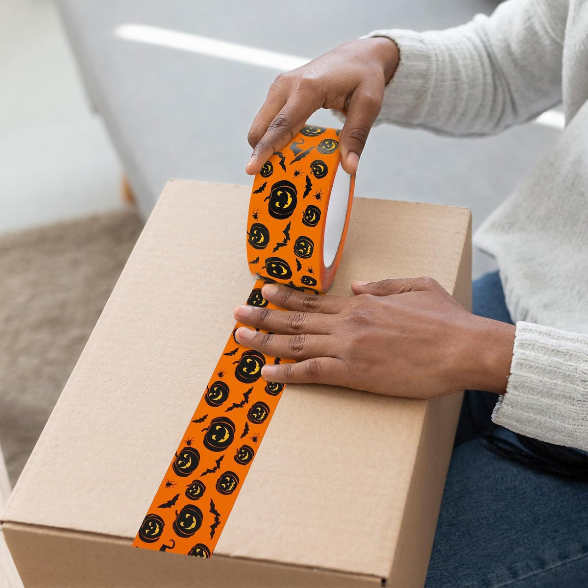 109 Yard Halloween Packing Tape Orange Black Pumpkin Bat Decorative Sticky Gift Wrapping Tape for DIY Crafts Small