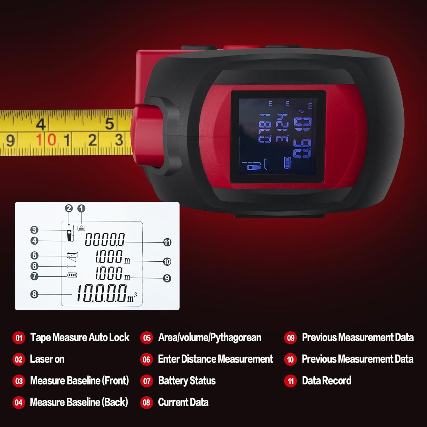 Laser Tape Measure 3 in 1 with Laser Level Crosshairs |196ft/60m Laser Distance+16ft/5m AutoLock Tape |Backlit LCD