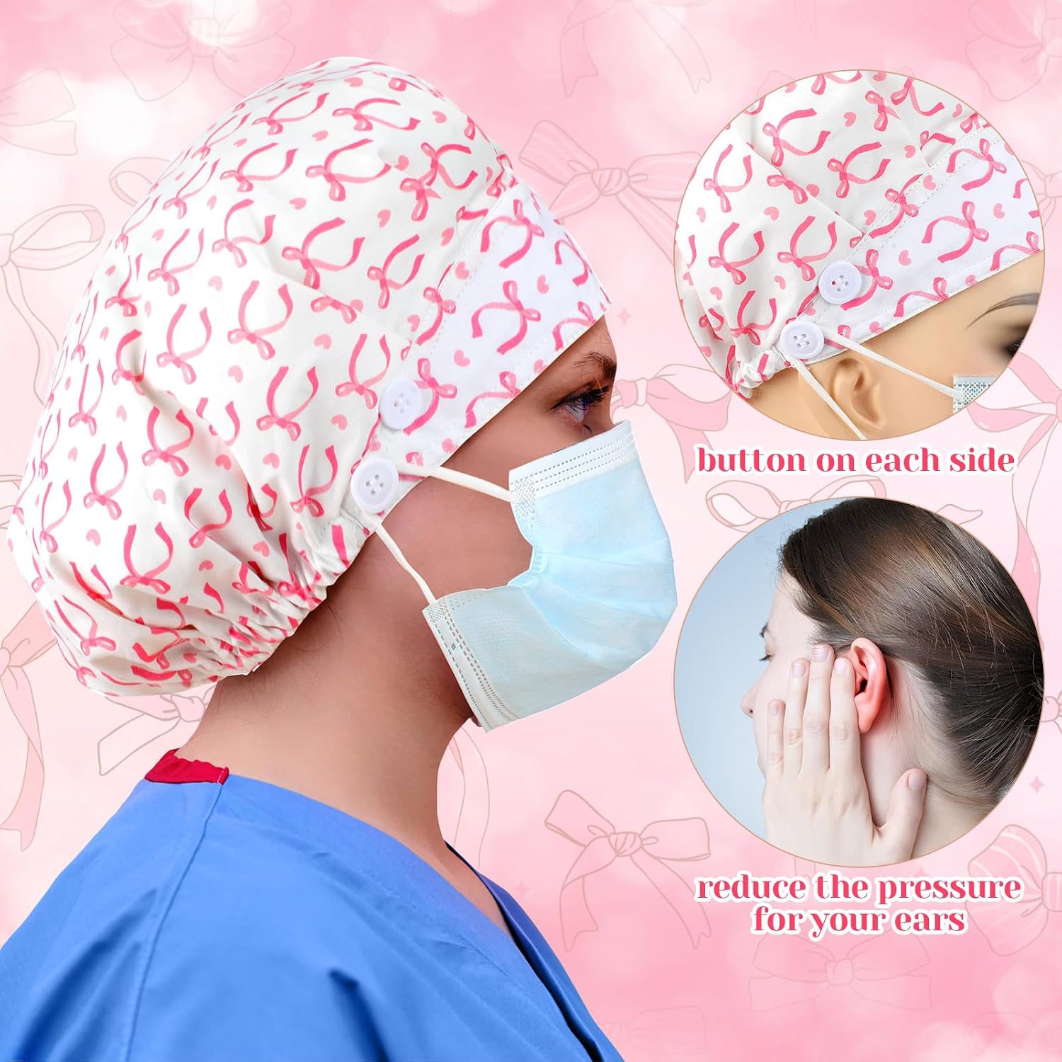 6Pcs Satin Lined Scrub Cap Women Surgical Nurse Cap Ponytail Adjustable Tie Back Girly Nursing Working Hat with Button