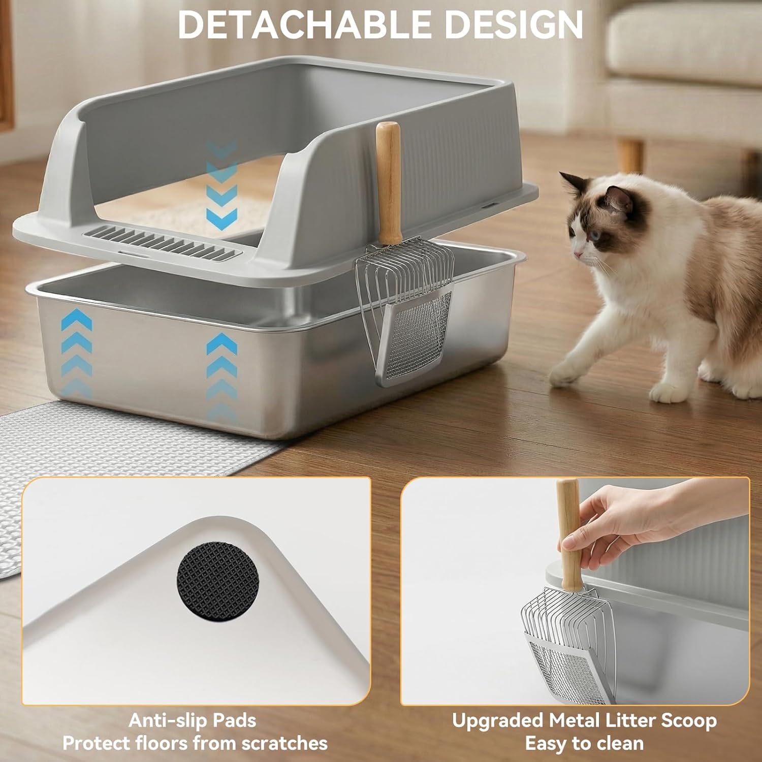 Stainless Steel Litter Box, XL High Sided Enclosed Cat Litter Boxes with Lid for Big Cats, Anti-Urine Leakage