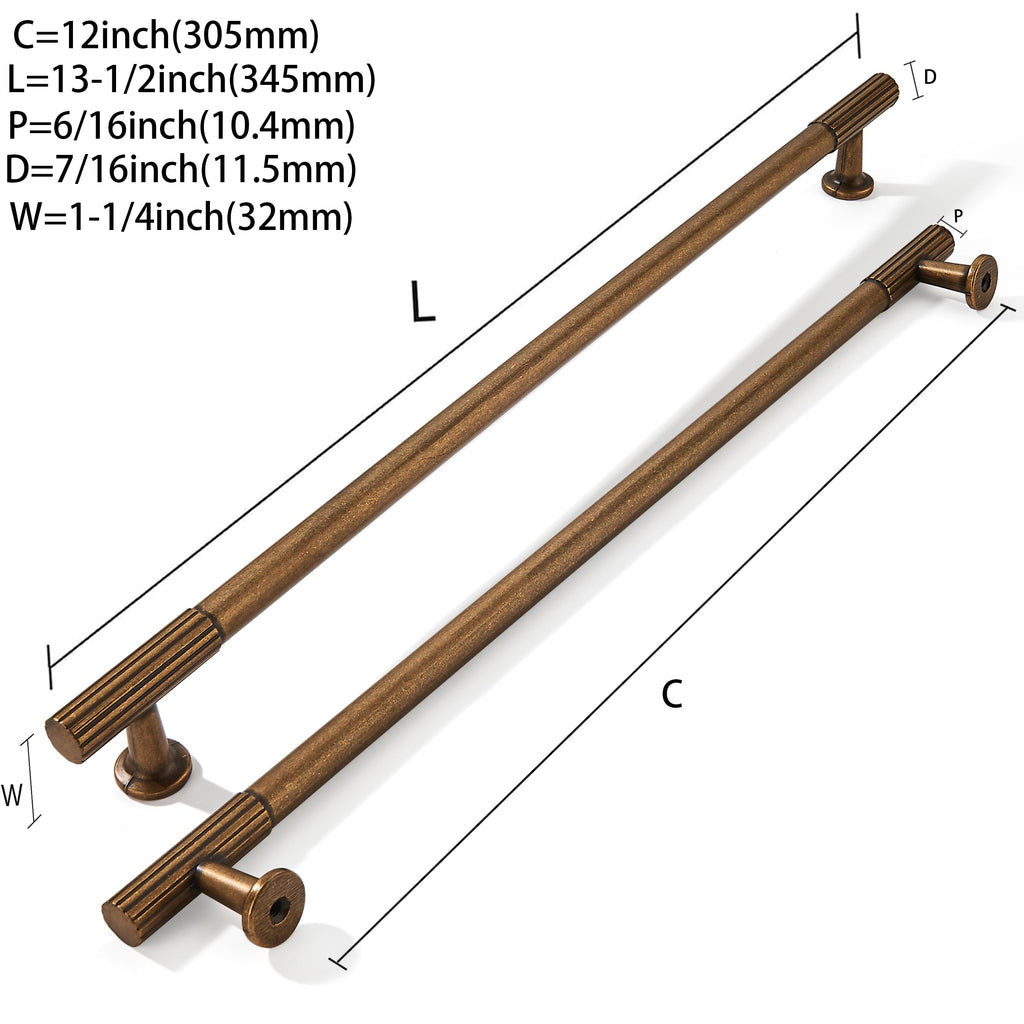 12 Inch Hole Center 2 Pack Antique Brass Heavy Duty Solid Vintage Brass Cabinet Pulls, Kitchen Drawer Handles