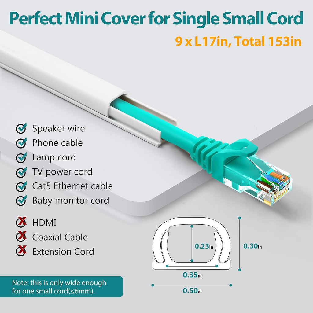 One Cord Cover Wall 153in(9X L17in), Mini Wire Hider, Self-Adhesive Wire Cover for Hiding Speaker Wire, Baby Monitor