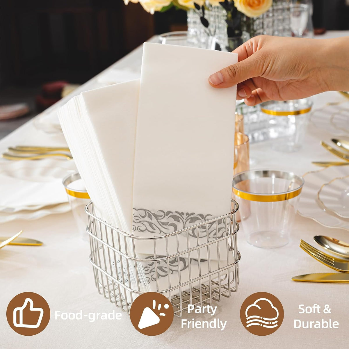 200 Pack Premium Guest Towels with Silver Trim, Linen Feel Napkins