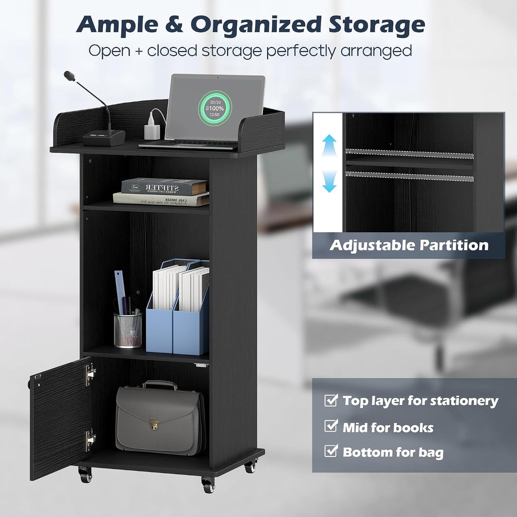Portable Podium Stand with Charging Station & Lockable Wheels (Black)