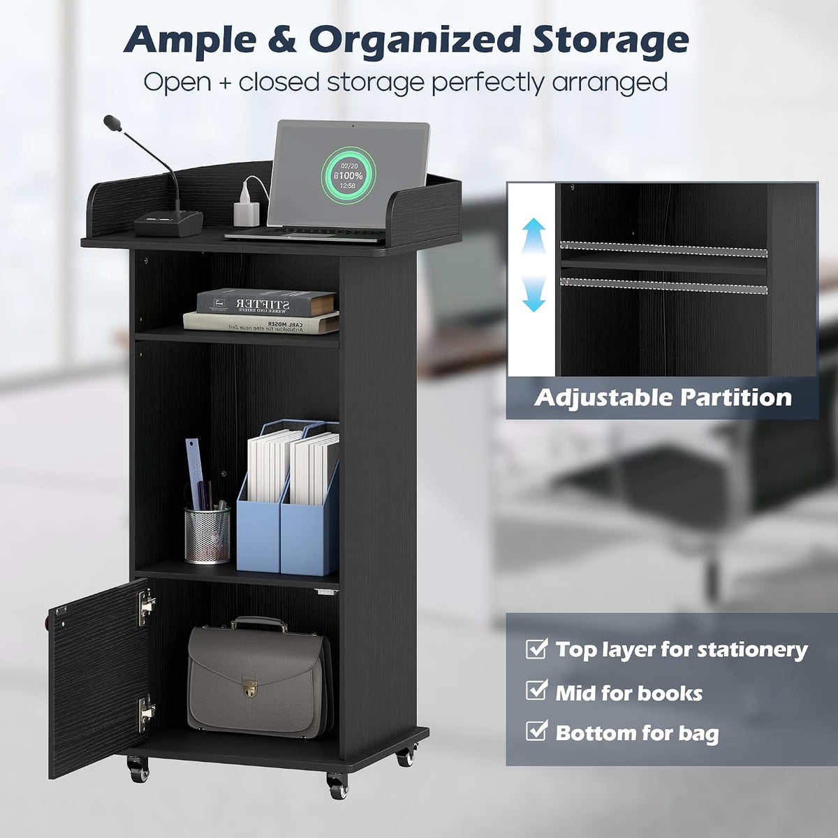 Portable Podium Stand with Charging Station & Lockable Wheels (Black)