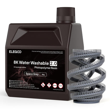 ELEGOO 8K Water Washable Resin 2.0, 365-405nm UV-Curing 3D Printer Resin with High Precision, Lower Viscosity, Higher