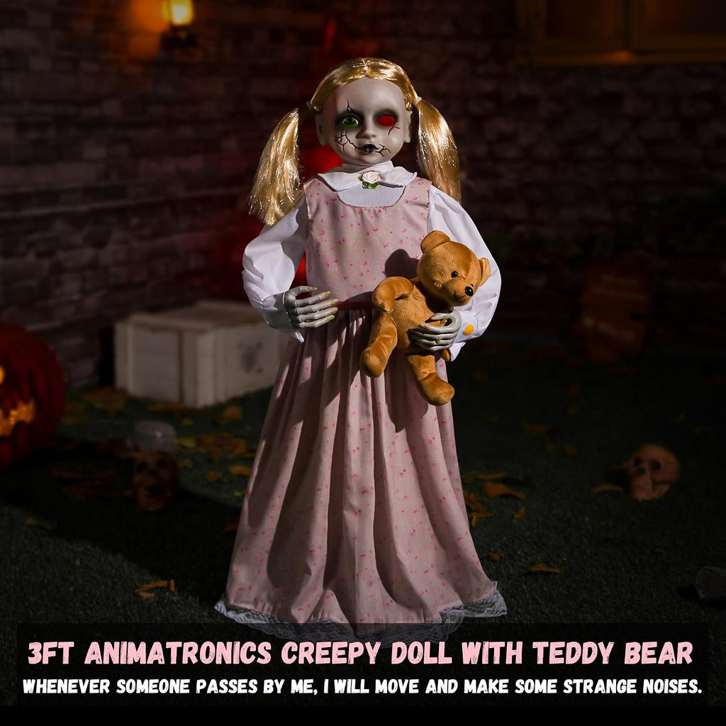 Halloween Animatronics 36inch Doll, 3ft Animated Decorations with Sound Activated, Creepy Sound, Light Up Eyes, Scary