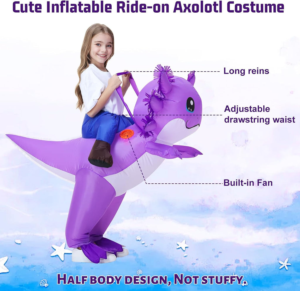 Kids Inflatable Axolotl Costume for Kids Purple Blow Up Ride-On Costumes Halloween Cosplay Outfit for Girls and Boys