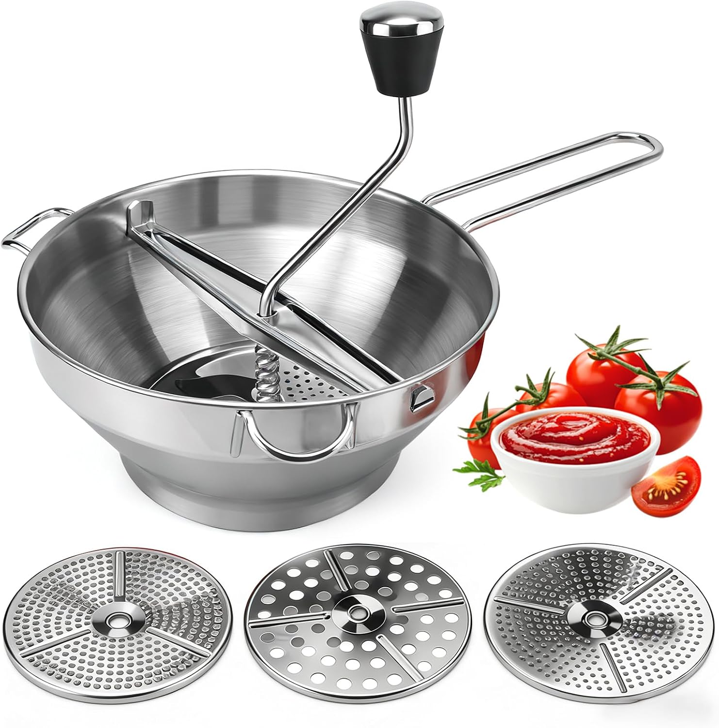 Stainless Steel Food Mill with 3 Grinding Discs - Rotary Hand Crank for Tomato Sauce, Mashed Potatoes, Applesauce