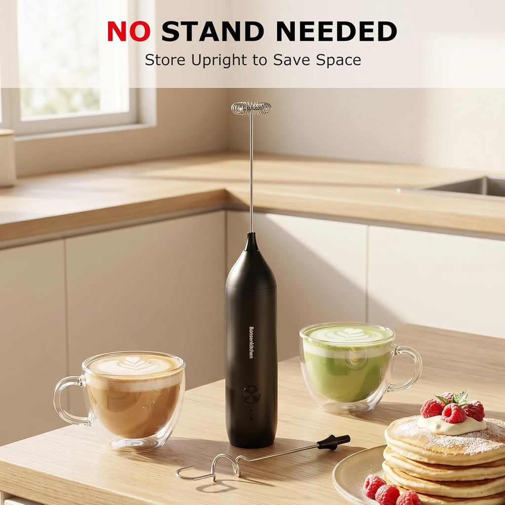 Rechargeable Milk Frother Handheld, Charging USB-C | Electric Foam Maker with Stainless Steel Whisk, Portable Hand
