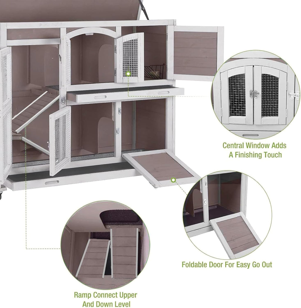 Guinea Pig Cage 2-Tier Indoor Outdoor Rabbit Hutch with Wheels, Leakproof Tray, Easy Clean Small Animal Habitat for