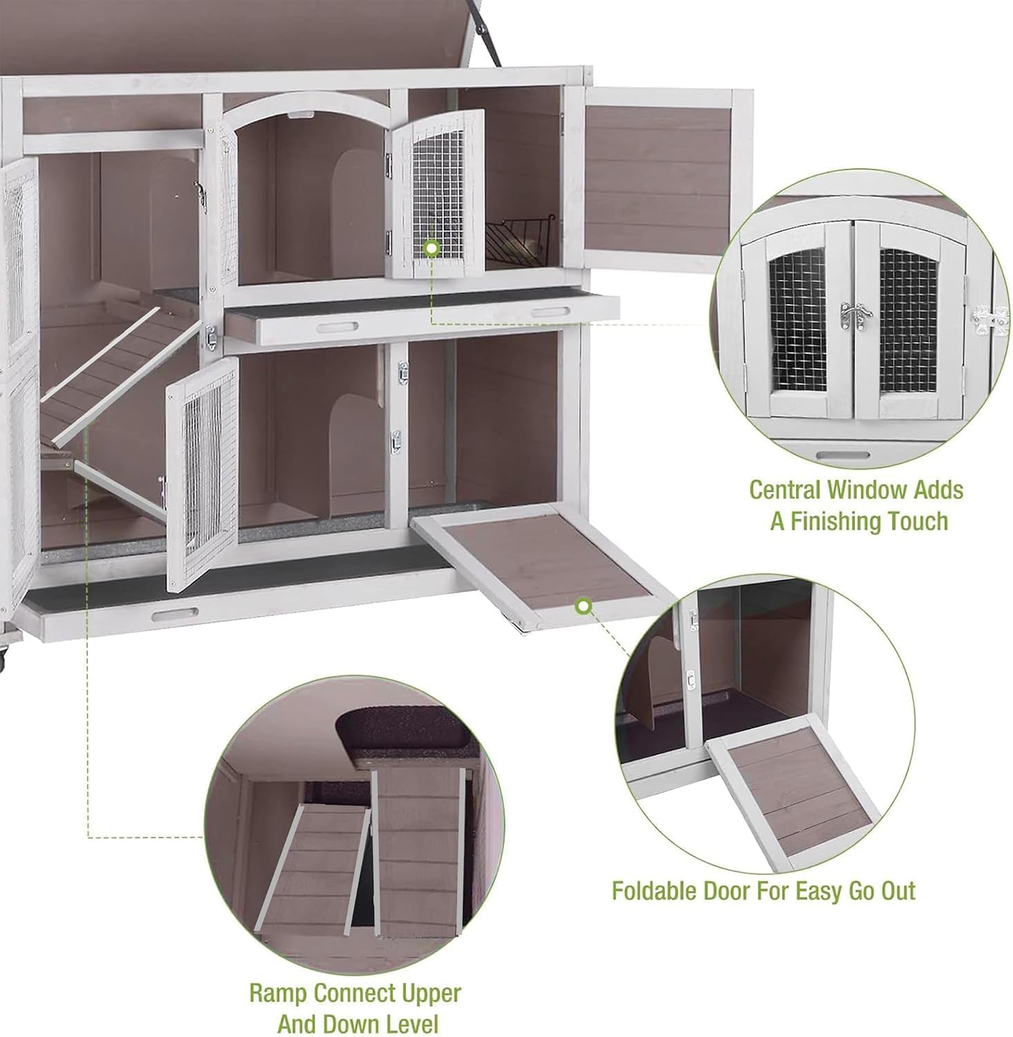 Guinea Pig Cage 2-Tier Indoor Outdoor Rabbit Hutch with Wheels, Leakproof Tray, Easy Clean Small Animal Habitat for