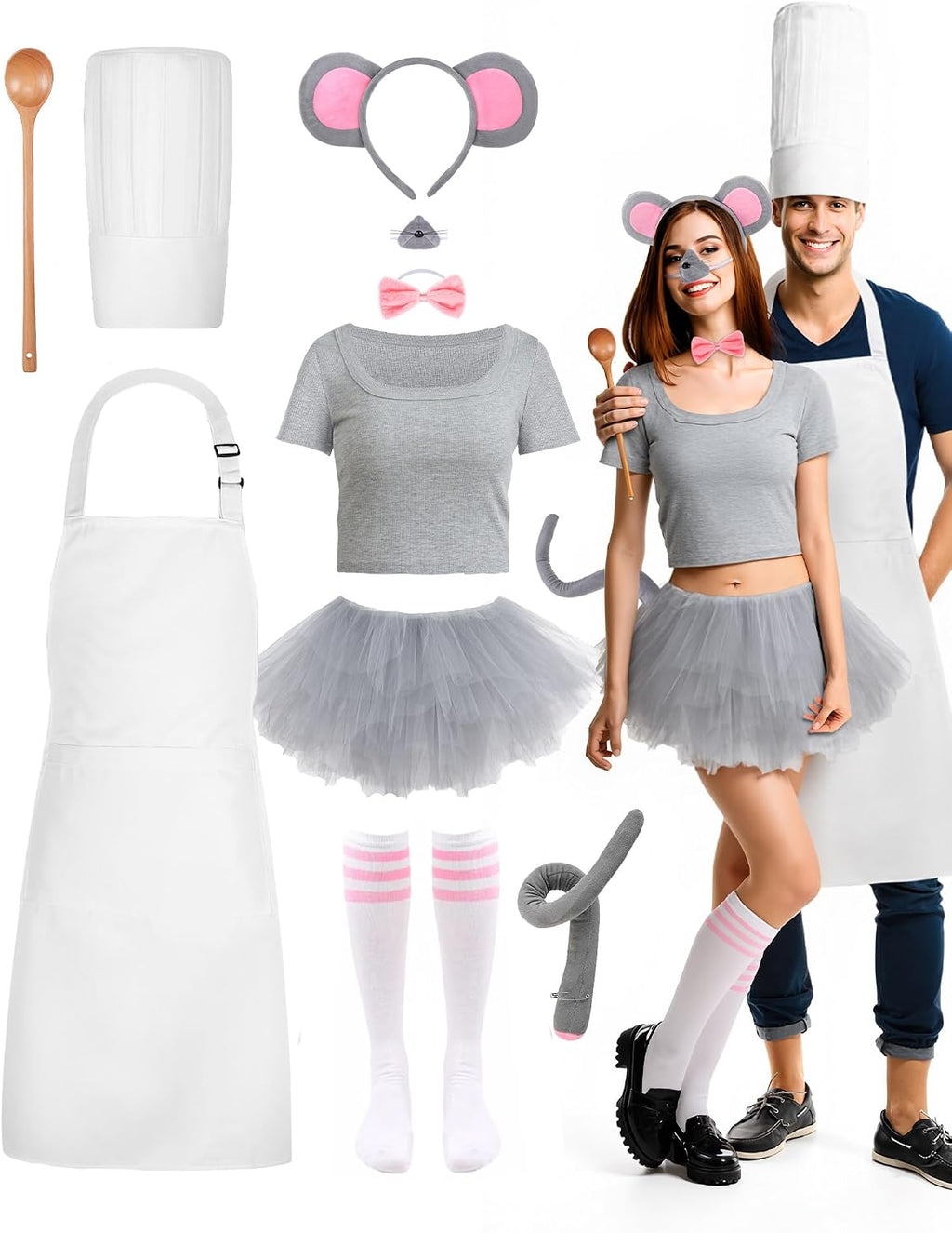 10 Pcs Halloween Mouse Chef Couple Costume Accessories Tutu Skirt Chef Hat Apron for Halloween Cosplay Party
