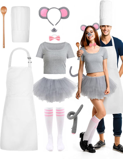 10 Pcs Halloween Mouse Chef Couple Costume Accessories Tutu Skirt Chef Hat Apron for Halloween Cosplay Party