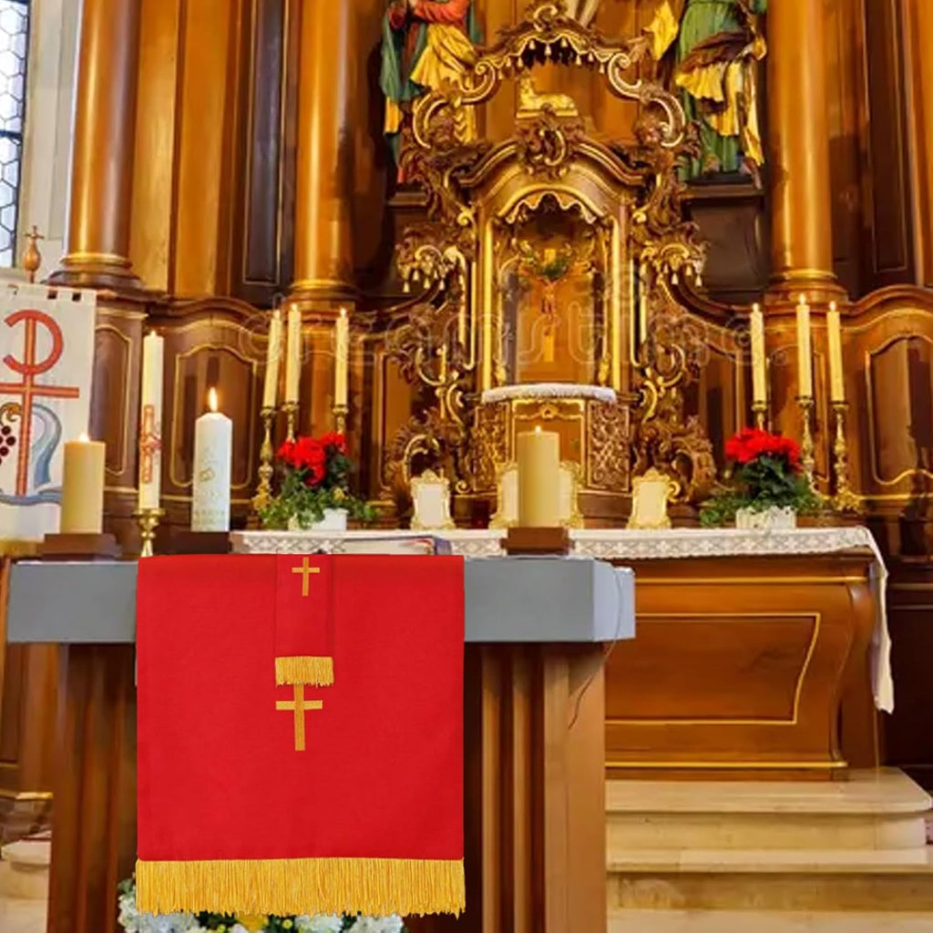 Set of 3 Reversible Church Parament Includes Red Table Runner, Bookmark and Pulpit Scarf with Gold Cross, Communion