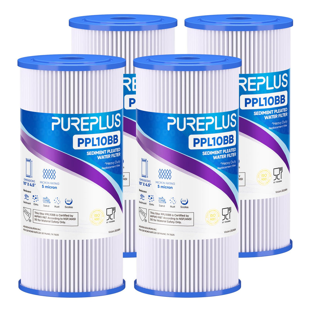 PUREPLUS 5 Micron 10" x 4.5" Whole House Pleated Sediment Filter,4 Pack