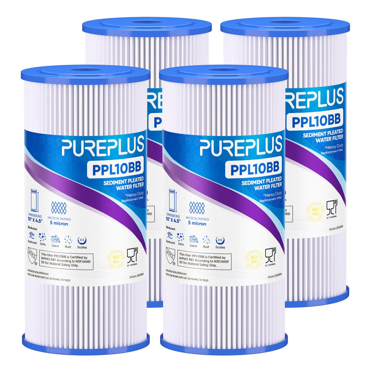 PUREPLUS 5 Micron 10" x 4.5" Whole House Pleated Sediment Filter,4 Pack