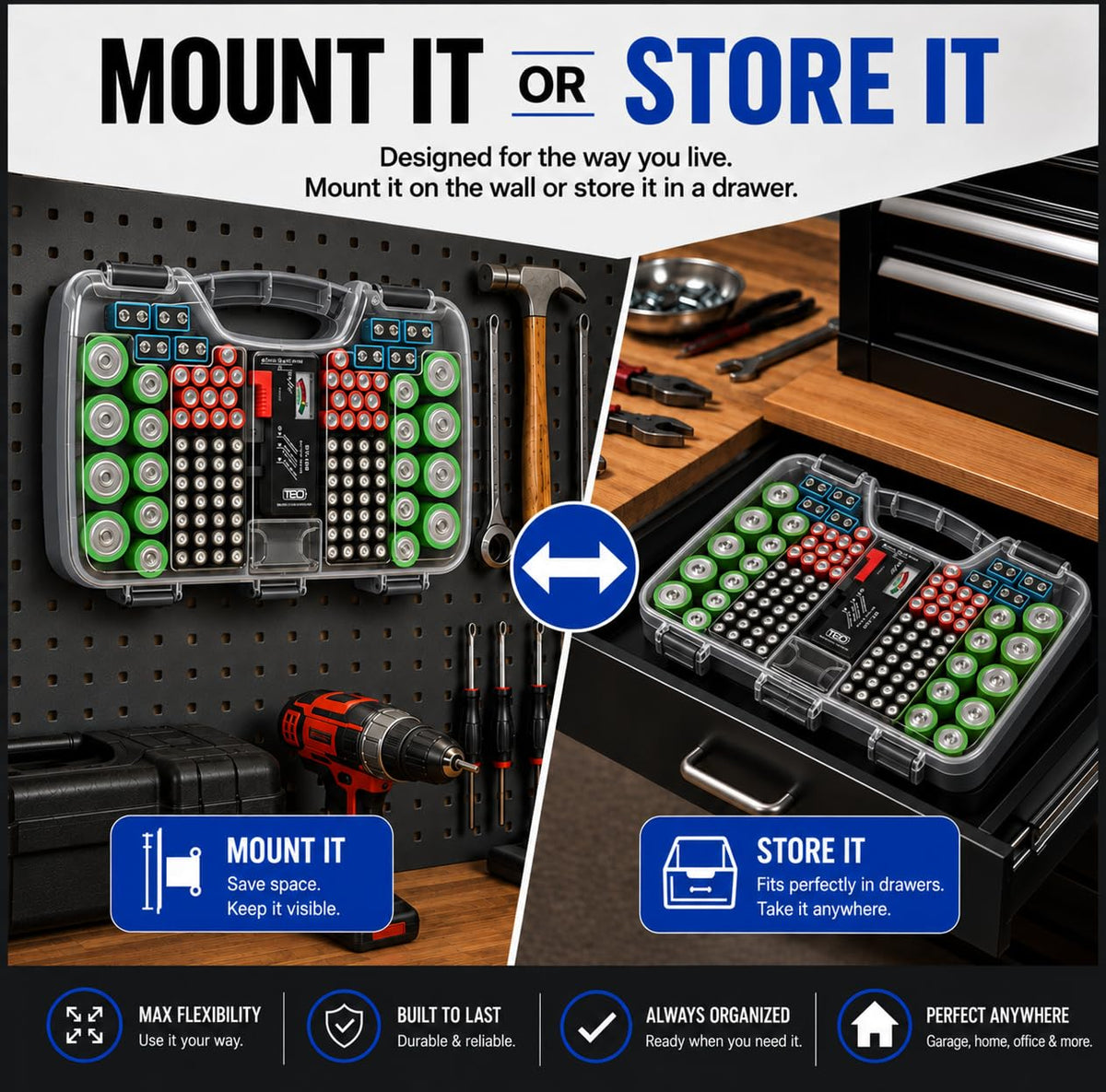 The Battery Organizer, Battery Storage Organizer Hinged Clear Cover with Locking Lid, Holds 180 Batteries, Includes a