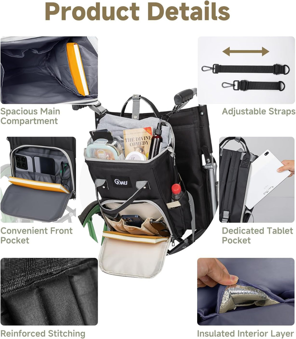 Wheelchair Bag to Hang on Back, Wheelchair Backpack Storage Bag for Adults Seniors, Equipped Cup Holder, Insulation