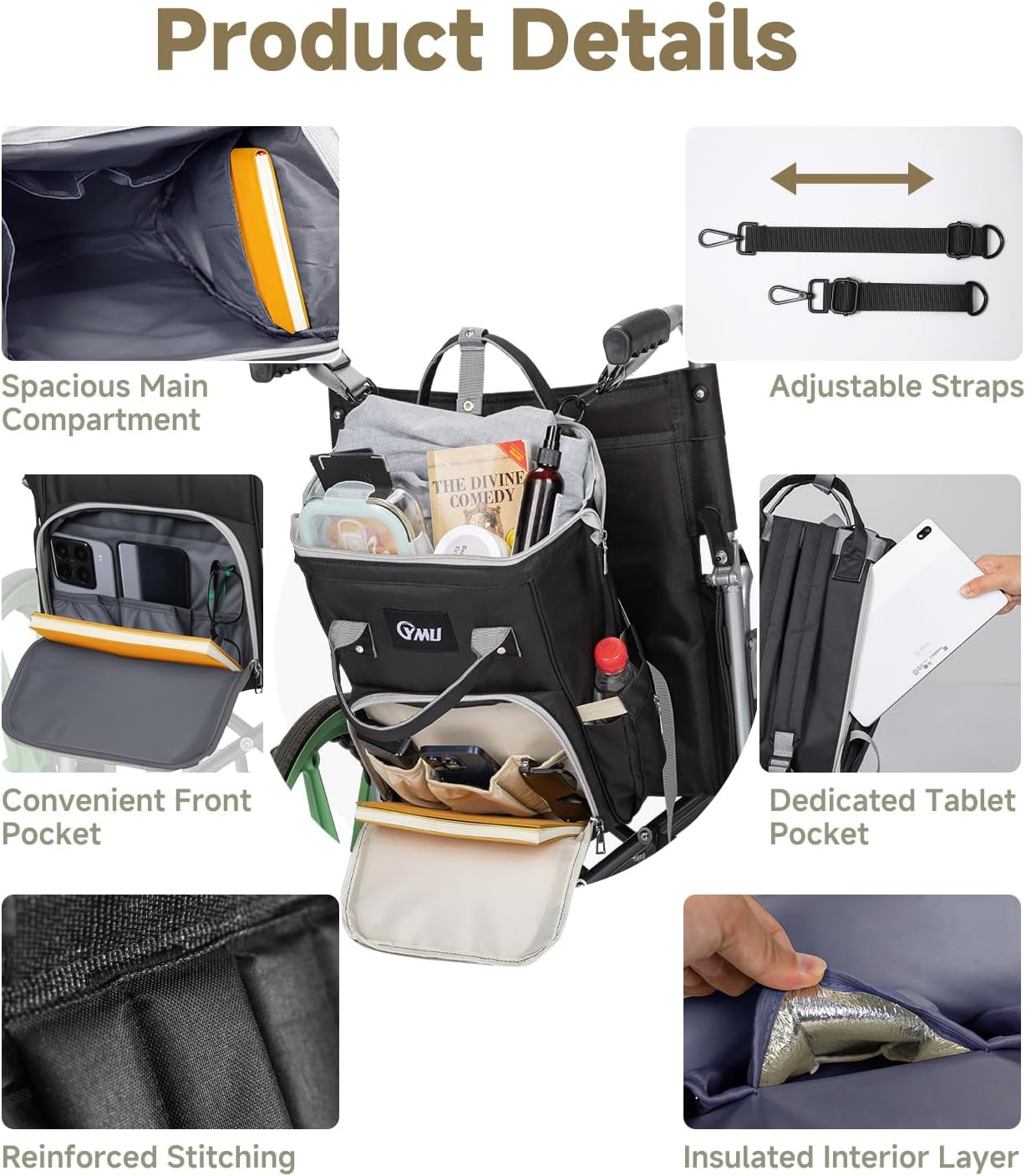 Wheelchair Bag to Hang on Back, Wheelchair Backpack Storage Bag for Adults Seniors, Equipped Cup Holder, Insulation
