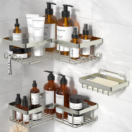 Corner Shower Caddy, 3-Pack Adhesive Shower Caddy with Soap Holder and 12 Hooks, Rustproof Stainless Steel Bathroom