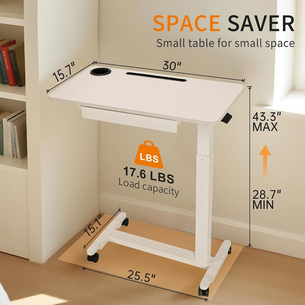 Adjustable Hospital Overbed Table with Drawer, Wheels, Cup Holder