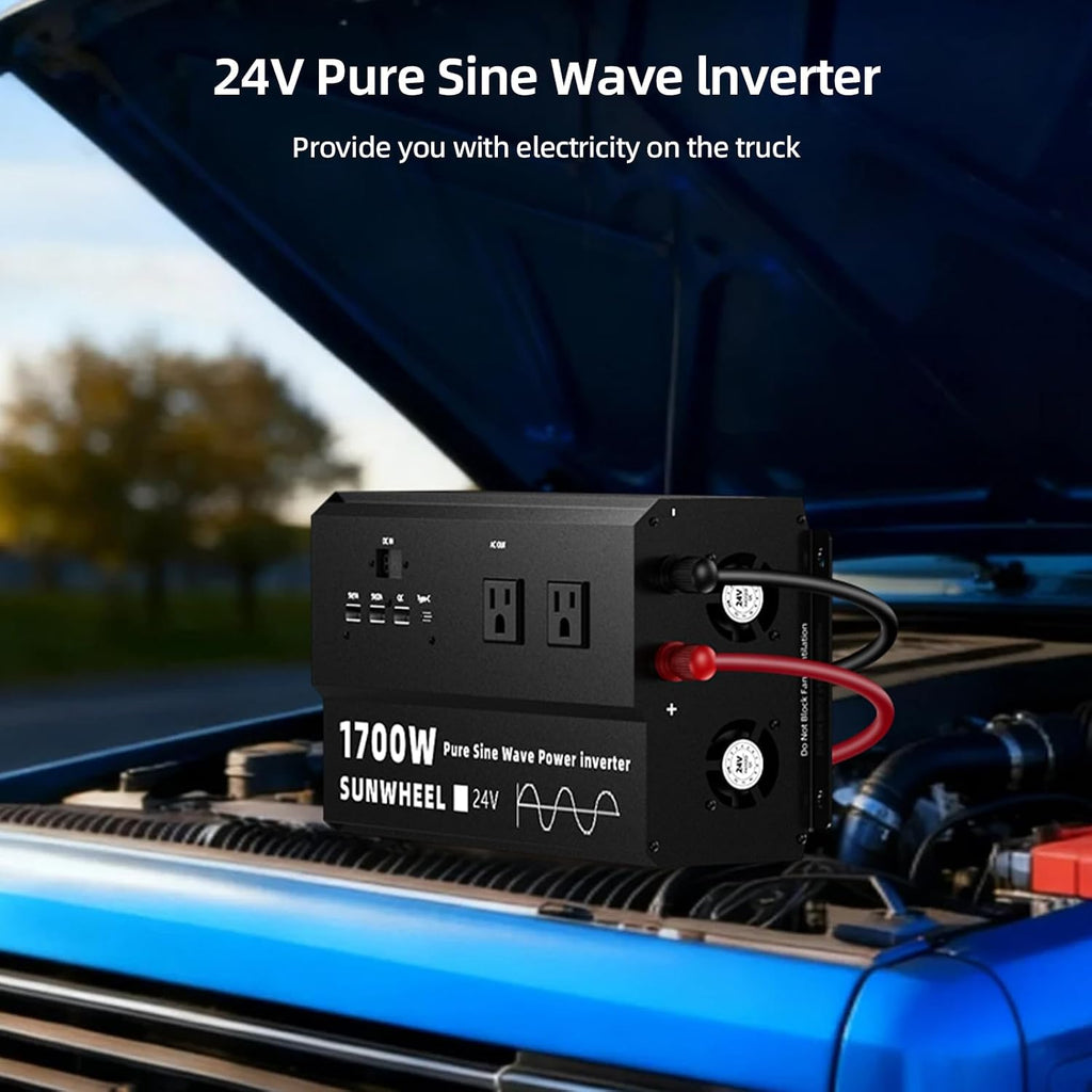 1700W 24V Pure Sine Wave Inverter, 24 Volt Power Inverter | 24V DC to 110V/120V AC for RV、Off Grid、Truck、Power Outage