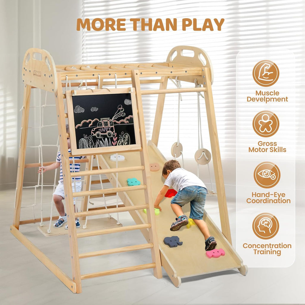 8-in-1 Indoor Jungle Gym for Kids and Toddlers with Hanging-Bridge and Swing, Wooden Indoor Playground with Slide