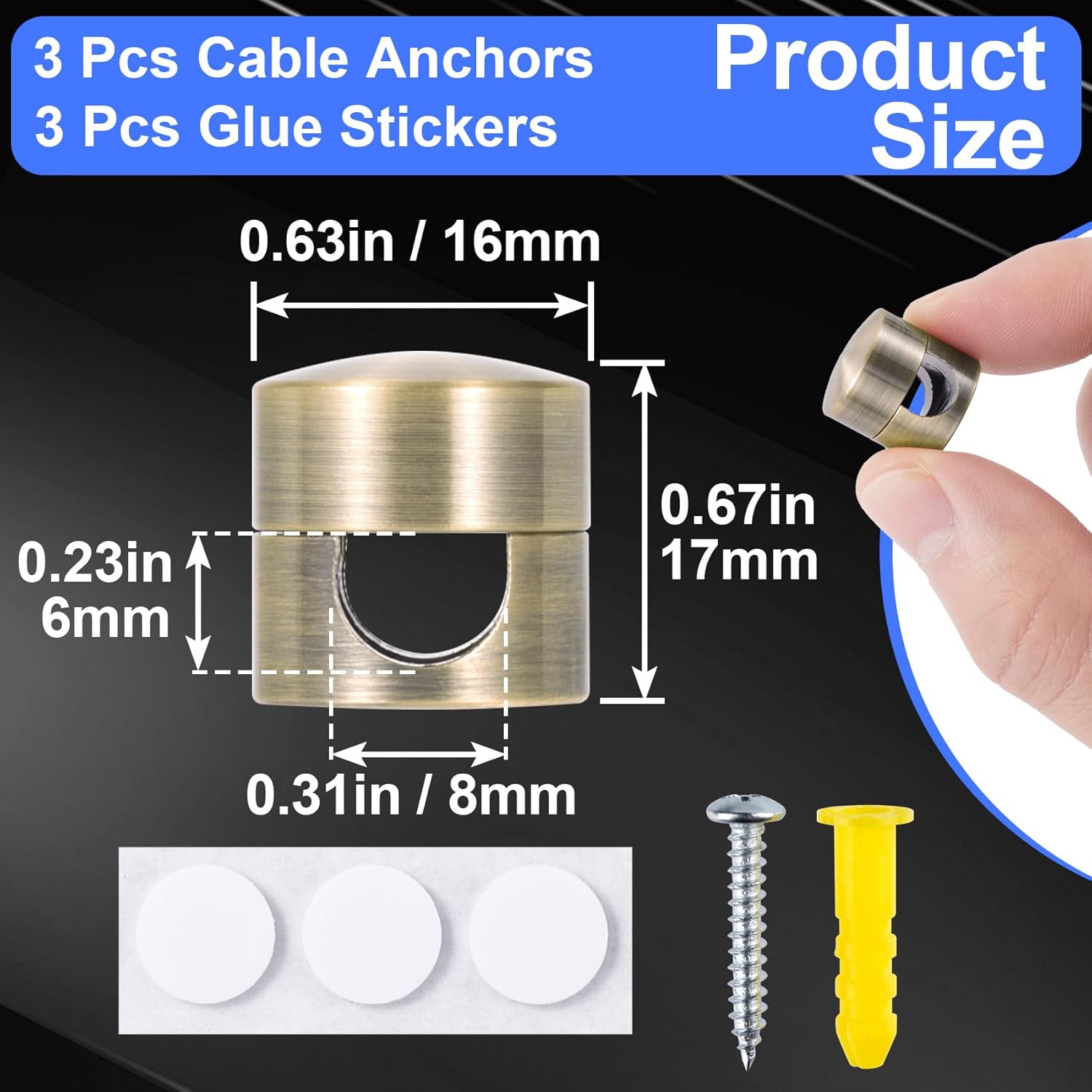 3 Sets Charger Holders for Cords, Antique Copper Color Adjustable Cable Anchor Holders, Adhesive Metal Cord Clips