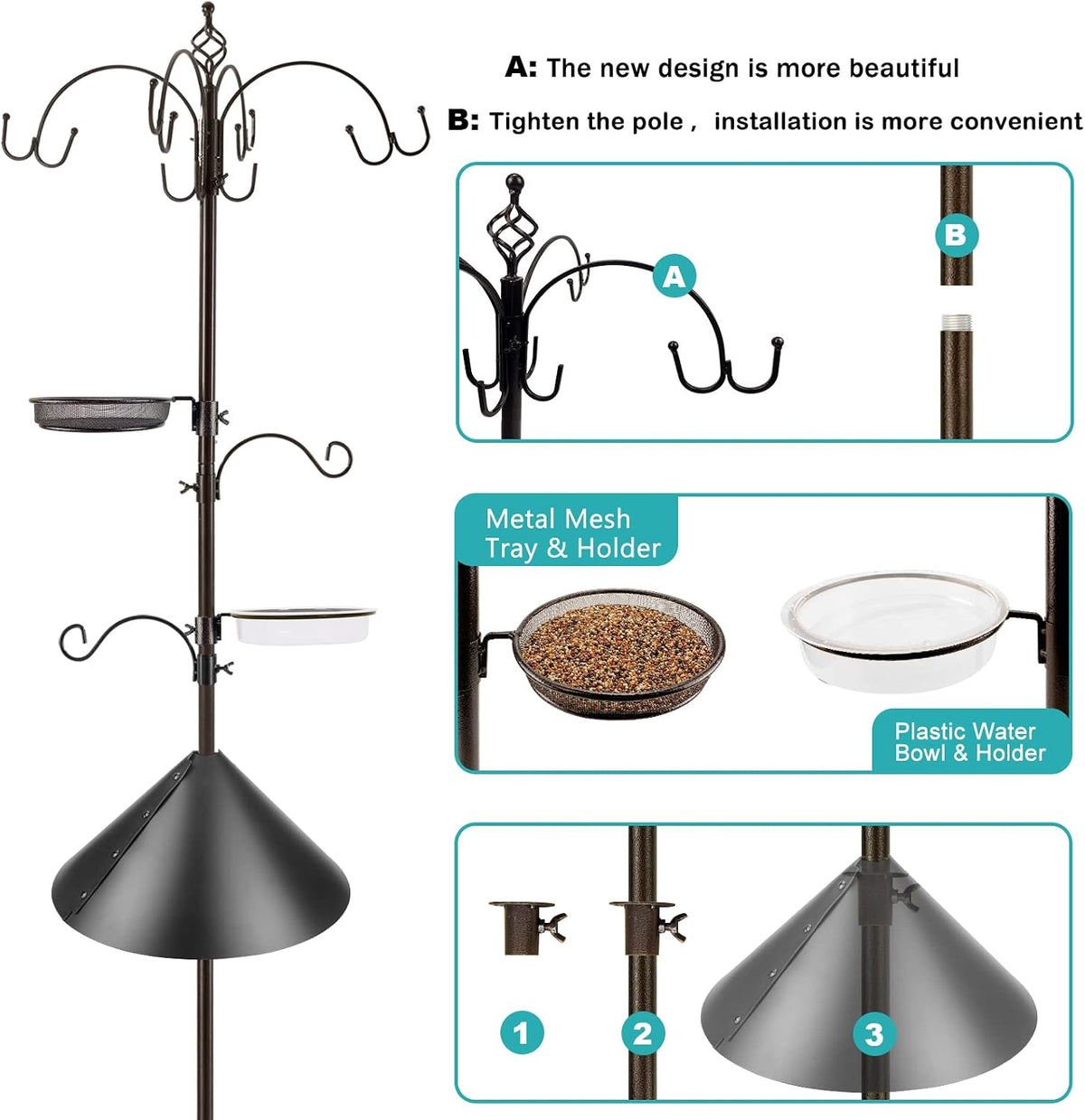 Bird Feeding Station Kit Bird Feeder Pole Wild Bird Feeder Kit with Squirrel Baffle and Suet Cage Mesh Tray Fruit