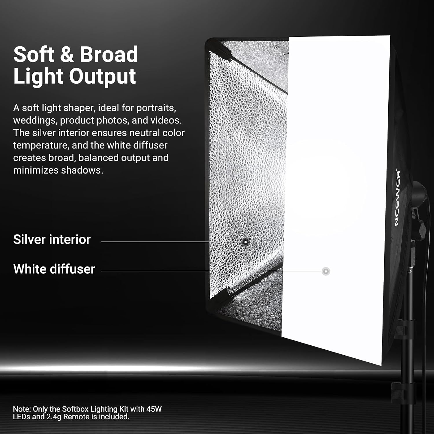 24"x24" 450W Equivalent Softbox Lighting Kit w Tripod Stand, NK104 | 45W Bi Color 2.4G LED Bulb, Remote, 10 Channels