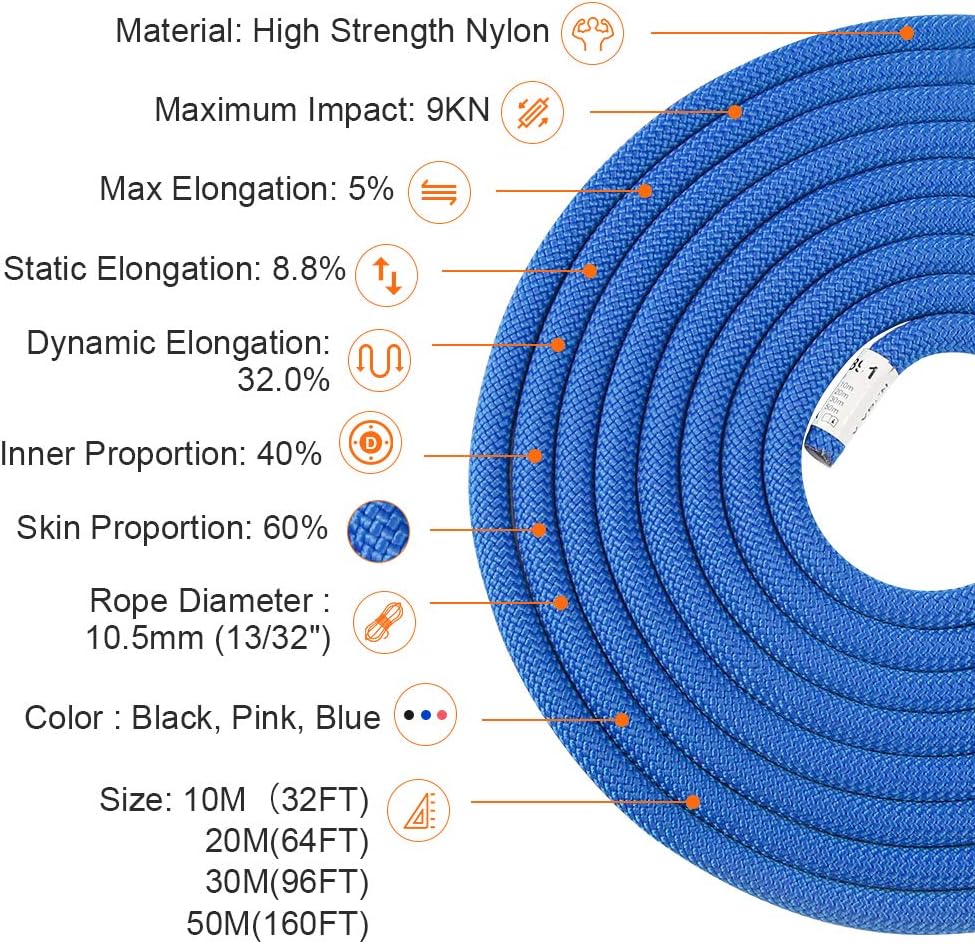 Outdoor Climbing Rope 10M(32ft) 20M(64ft) 30M(96ft) 50M(160ft) 70M(230ft) 152M(500FT) 352M(1000FT) Static Rock