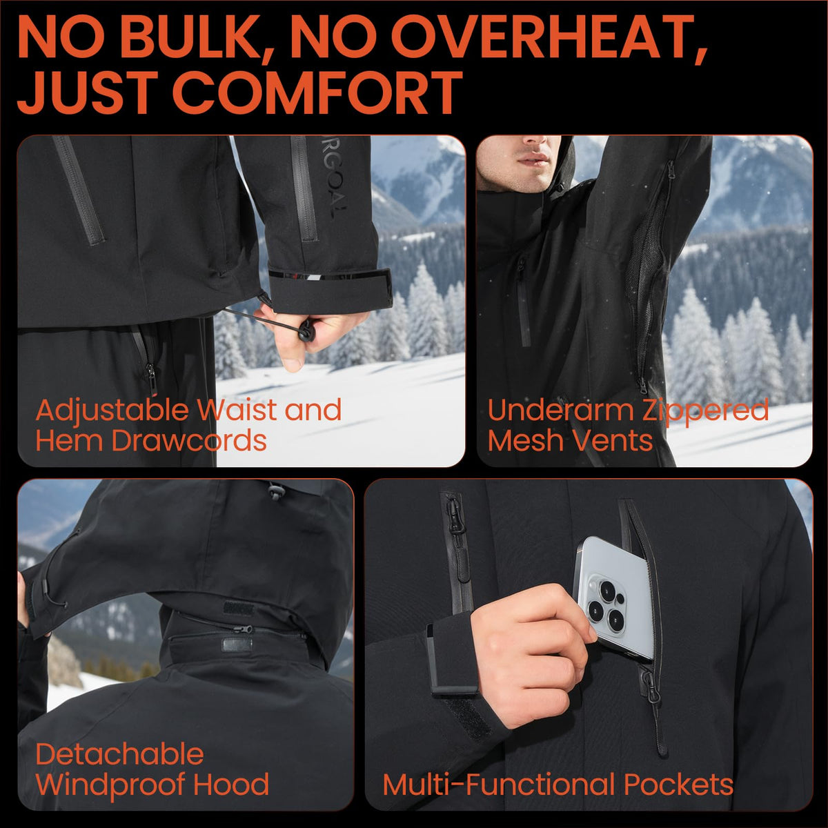 Heated Jacket for Men with 7.4V Battery, Waterproof Ski Shell
