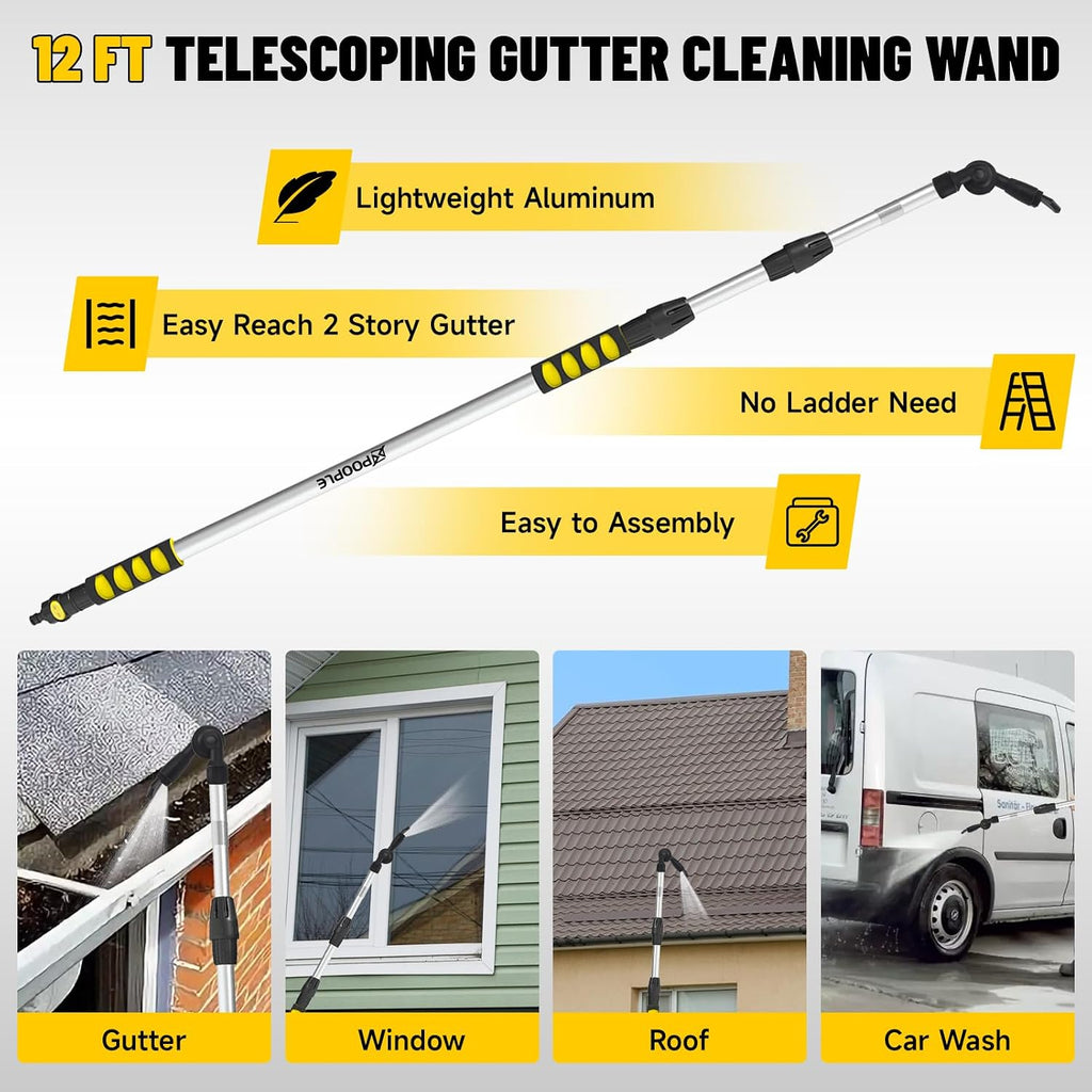 12ft (20ft Reach) Gutter Cleaning Tools from The Ground, Telescoping Rain Gutter Cleaner Tool, 270° Rotatable Gutters
