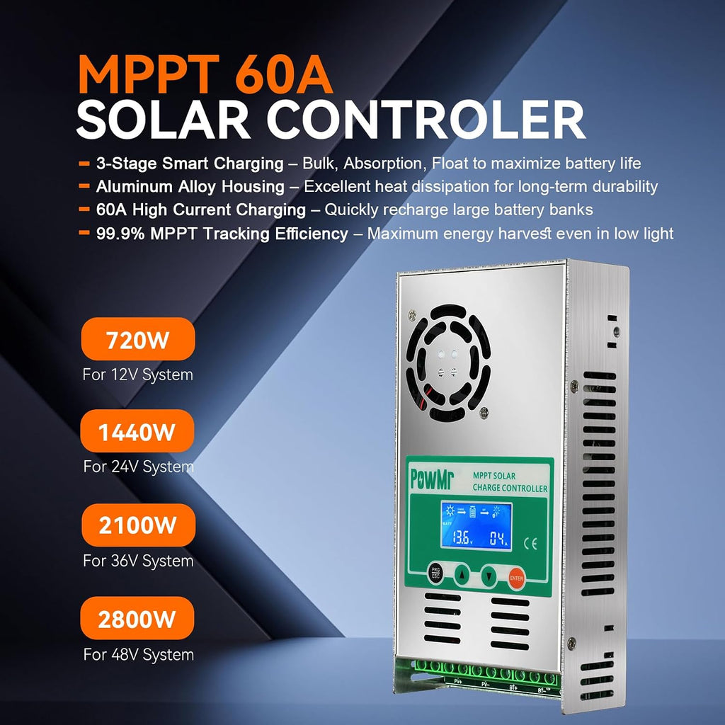 MPPT 60A Solar Charge Controller 12V 24V 36V 48V Auto, Negative Ground Solar Panel Regulator with LCD Display for