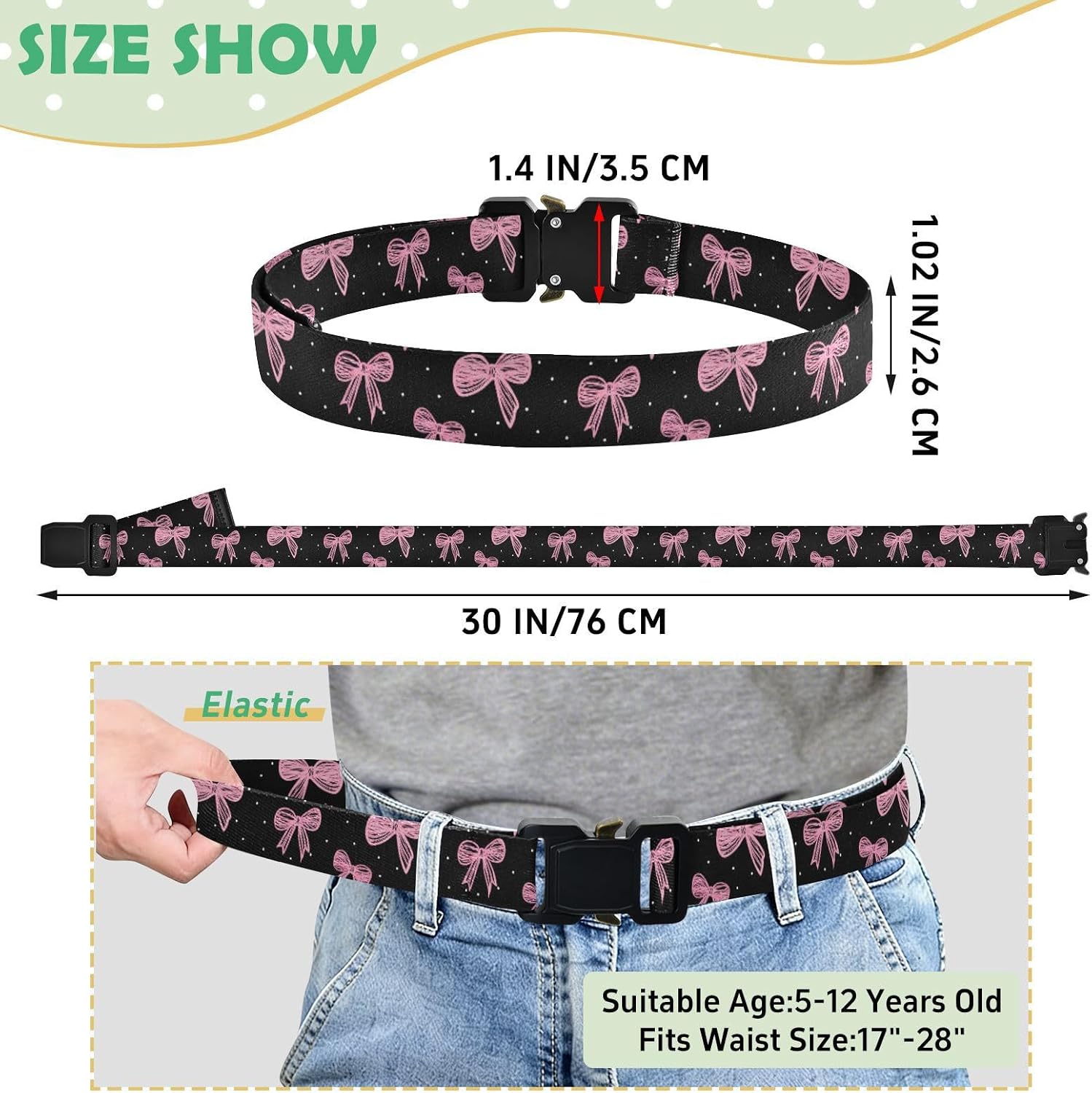 Bow Tie Adjustable Kids Elastic Belts, Girls Boys Stretch Waist Belt with Aluminum Alloy Buckle