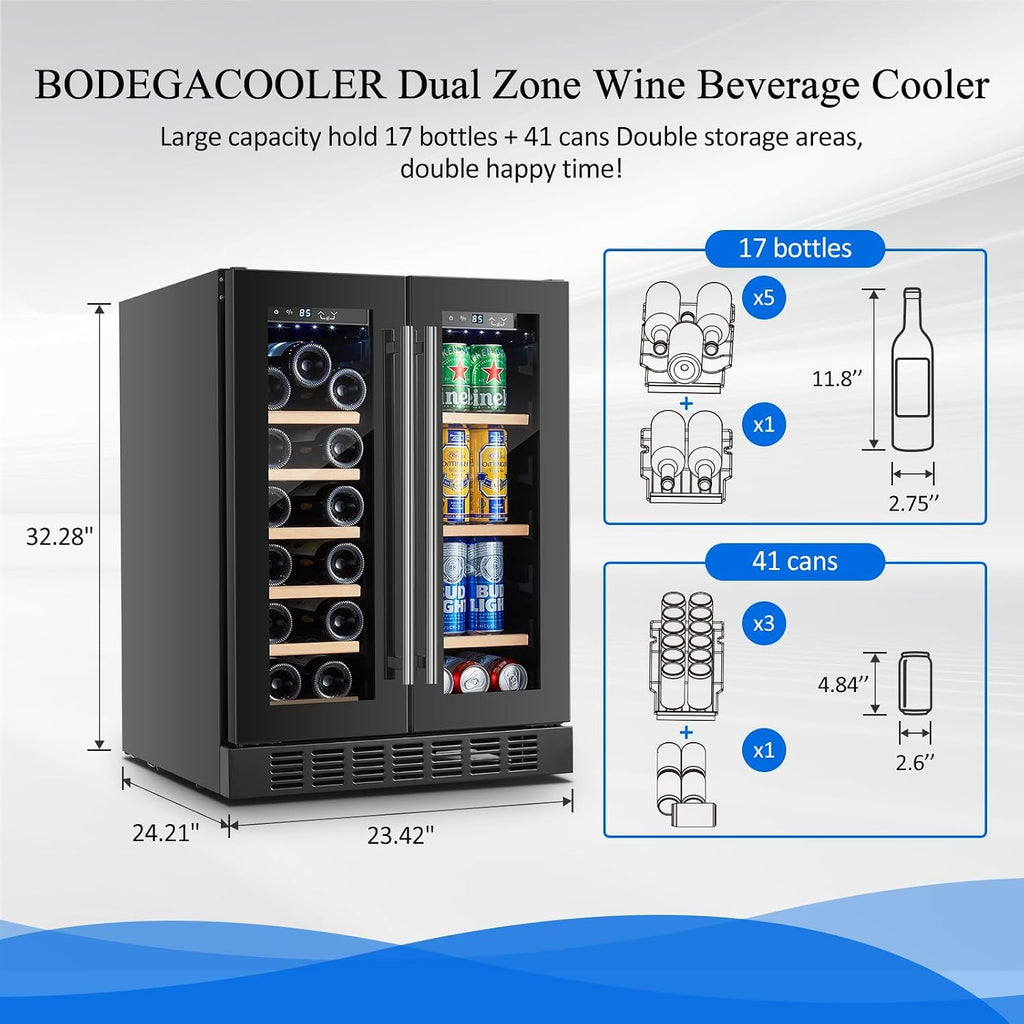 24 Inch Wine and Beverage Refrigerator, Dual Zone Beveage Fridge