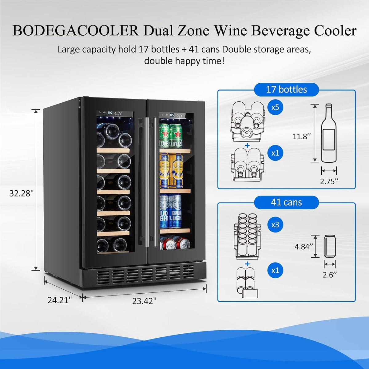 24 Inch Wine and Beverage Refrigerator, Dual Zone Beveage Fridge