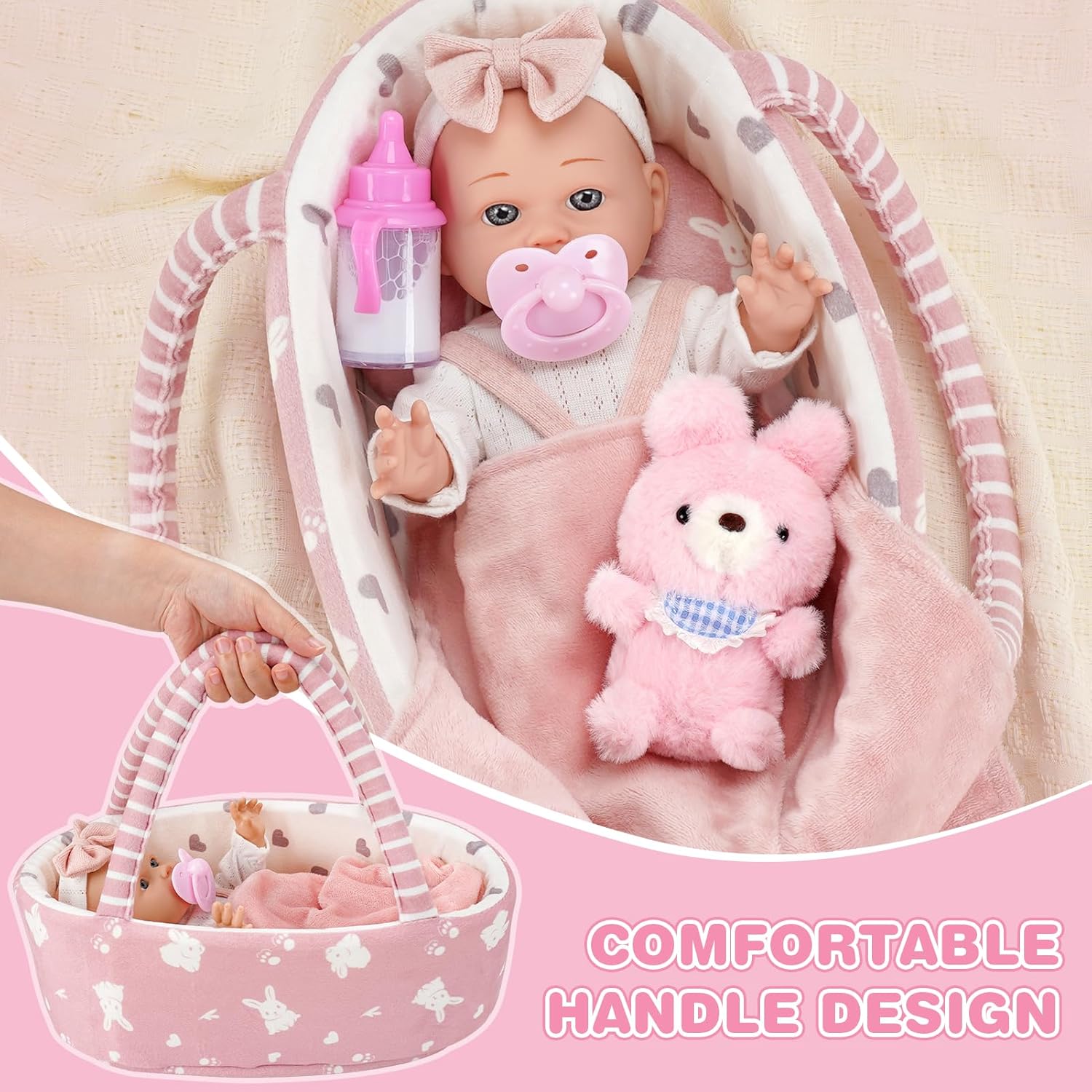 12'' Baby Doll Playset with Carrier Bassinet Bed, 11PCS Baby Doll Accessories Includes Pacifier, Blanket, Pillow