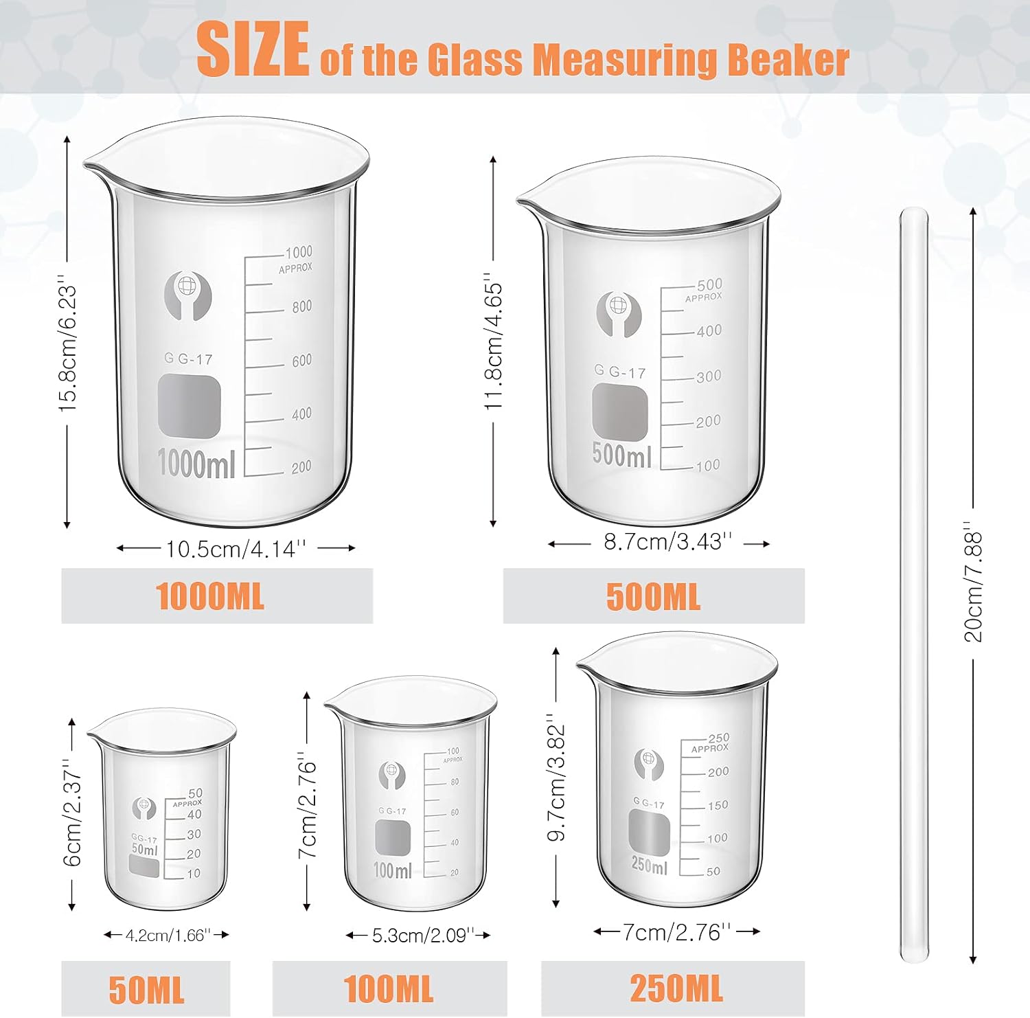 10 Pieces Glass Measuring Beaker and Graduated Measuring Cylinder with Stirring Rod 50/100/ 250/500/ 1000 ml Thick