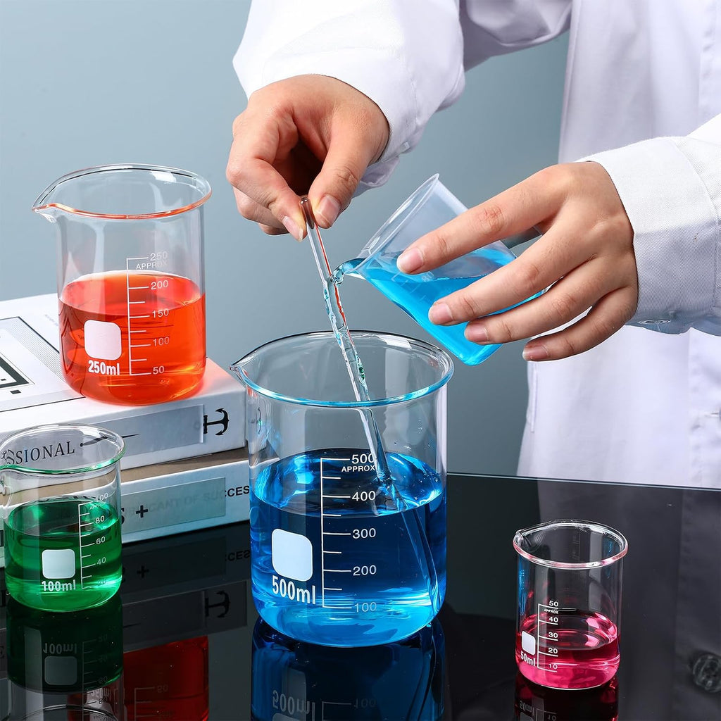 5 Pieces Glass Beaker Set Lab Beaker with Stirring Rod, 4 Sizes of 50/100/250/500 ml Thick Borosilicate Glass Beakers