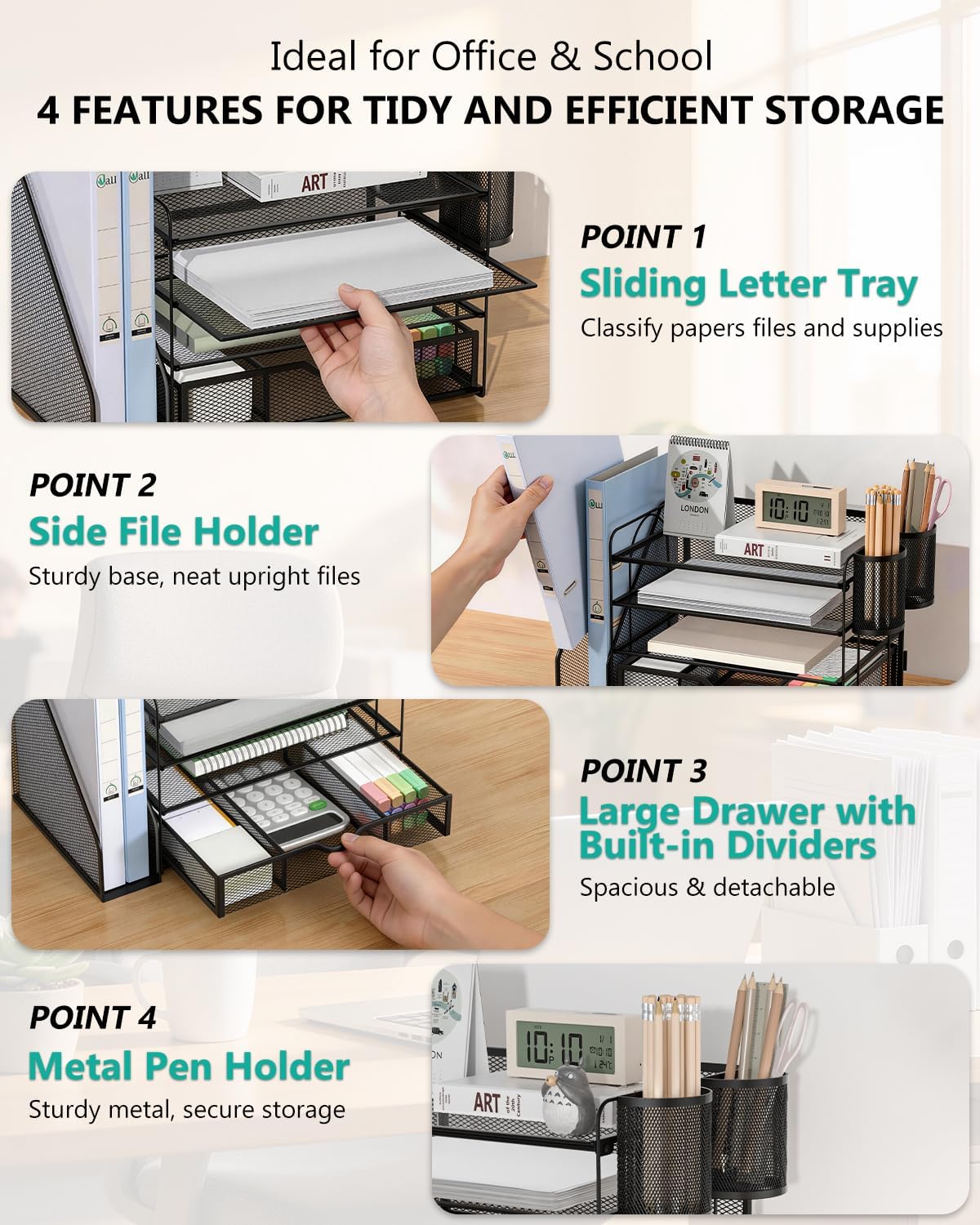 Desk File Organizer, 4 Tier Desktop Paper Letter Tray Organizer with Drawer and 2 Pen Holders, Office Desk