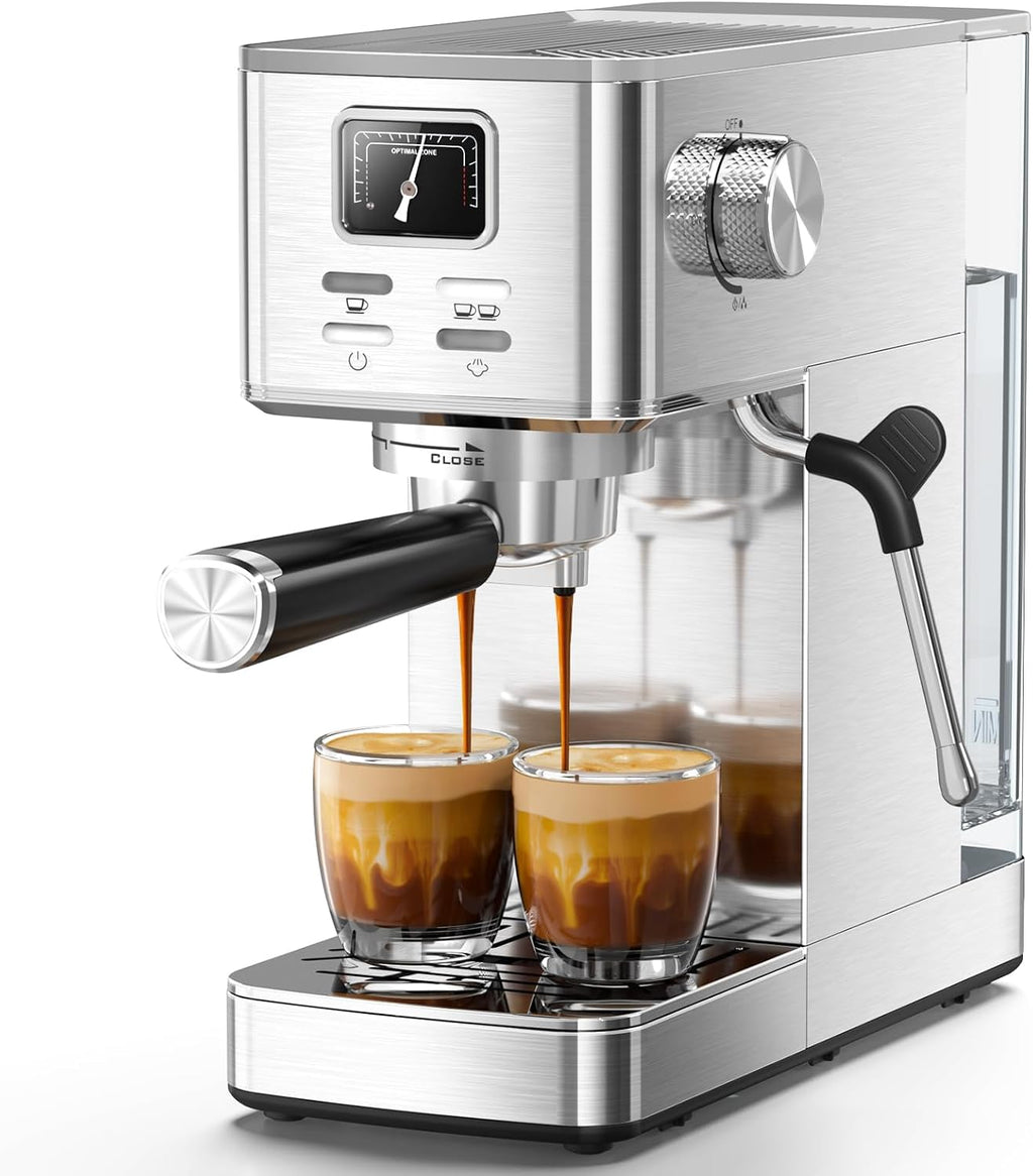 20 Bar Espresso Machine with Pressure Gauge & Steam Frother | Semi-automatic brewing, hot water function, 47 oz