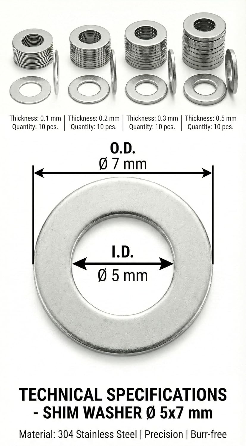 5x10mm Thin Shim Washers Stainless Steel 40pc 0.1-0.5mm 5mm ID