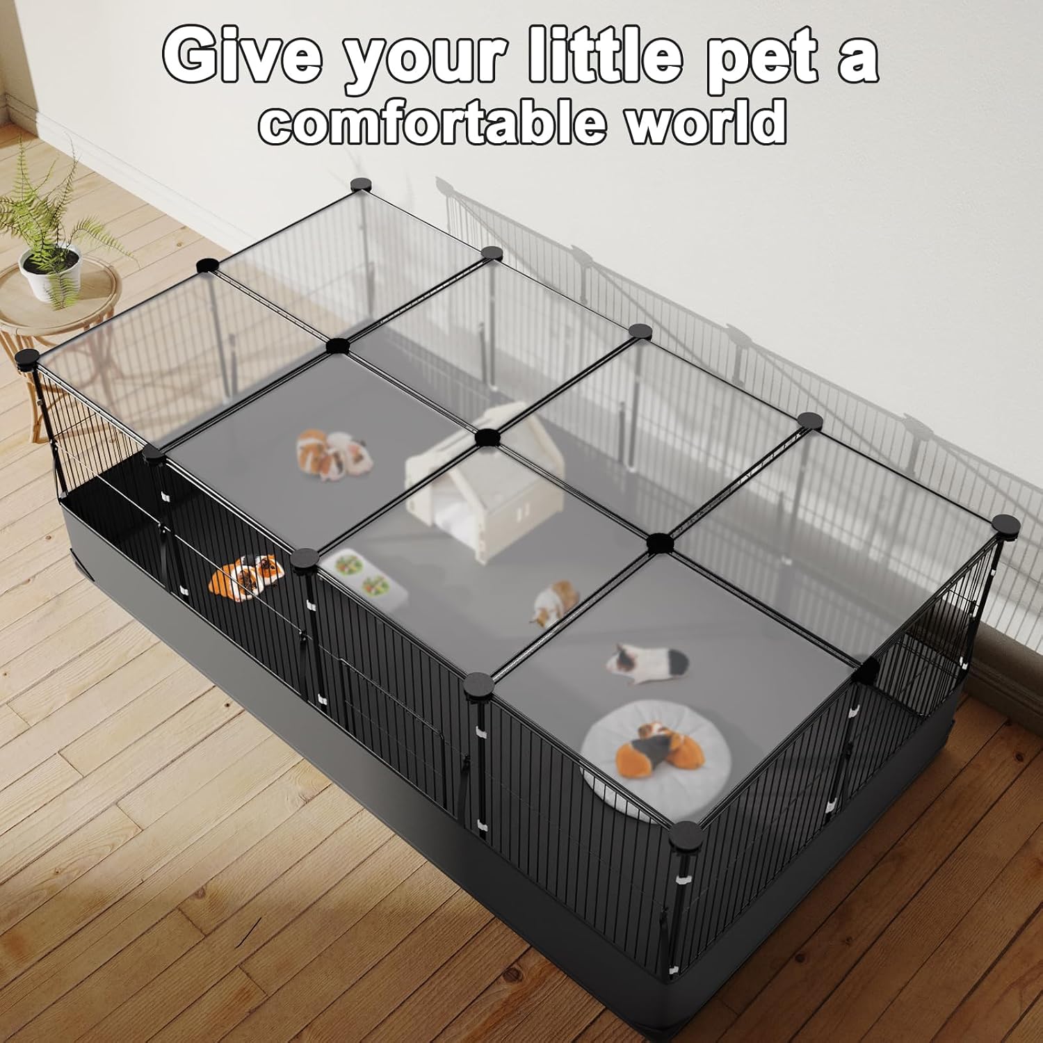 Guinea Pig Cage with Top Cover & 12 Panels, Triple Fixing Measures Small Animal Playpen with Waterproof PVC Liner &
