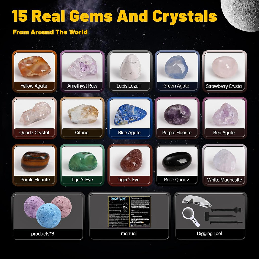 Gemstones Dig Kit, Science Kit for Kids, Dig up 15 Real Gems & Explore Solar System, STEM Educational Mining Space