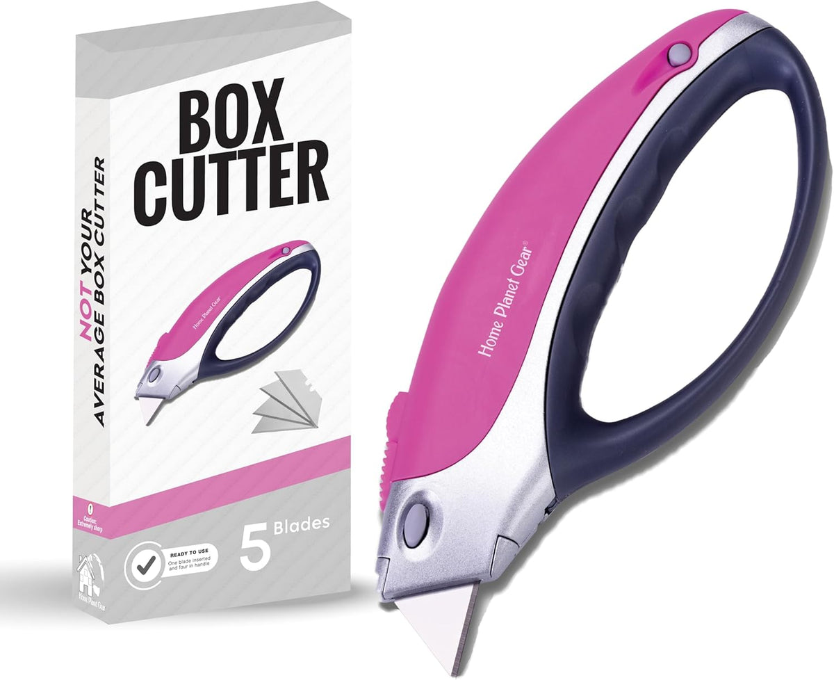 Pink Box Cutter Retractable Utility Knife - Heavy Duty Box Cutter Knife Cardboard Cutter - Box Opener Razor Blades